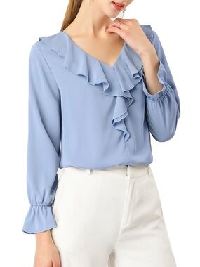 NWT Allegra K Blue Ruffle Blouse XL Minimalist Clean Girl Workwear Office Casual